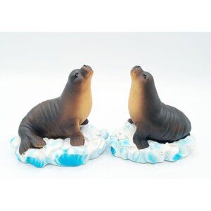 Seal Figurines On Ice Floe Base 4.5 Inch Resin Brown Arctic Animal Set of 2